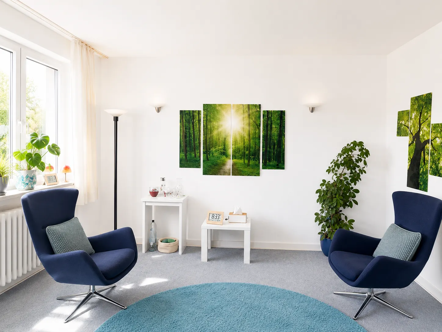 Heller, ruhiger Therapieraum der Praxis in Bonn mit zwei Sesseln und Naturbild